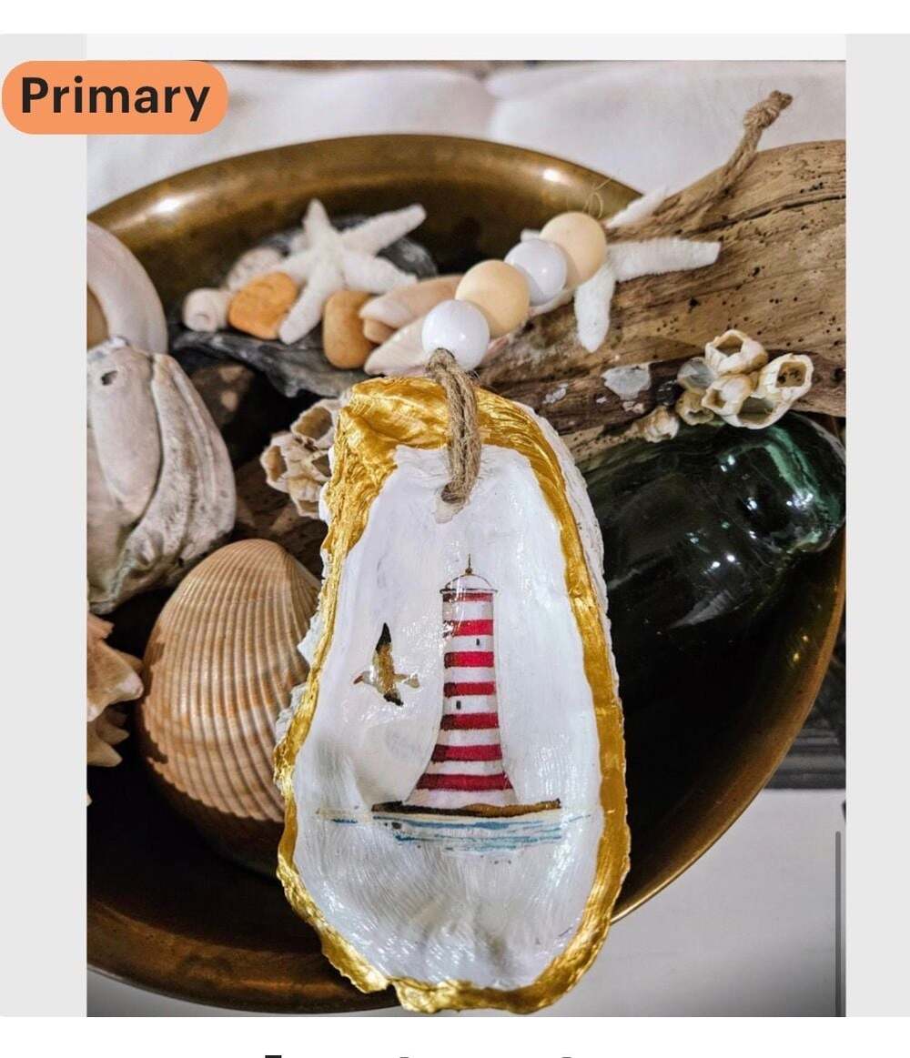 Decoupaged Lighthouse Oyster Shell Christmas Ornament with Gold Leaf Edge